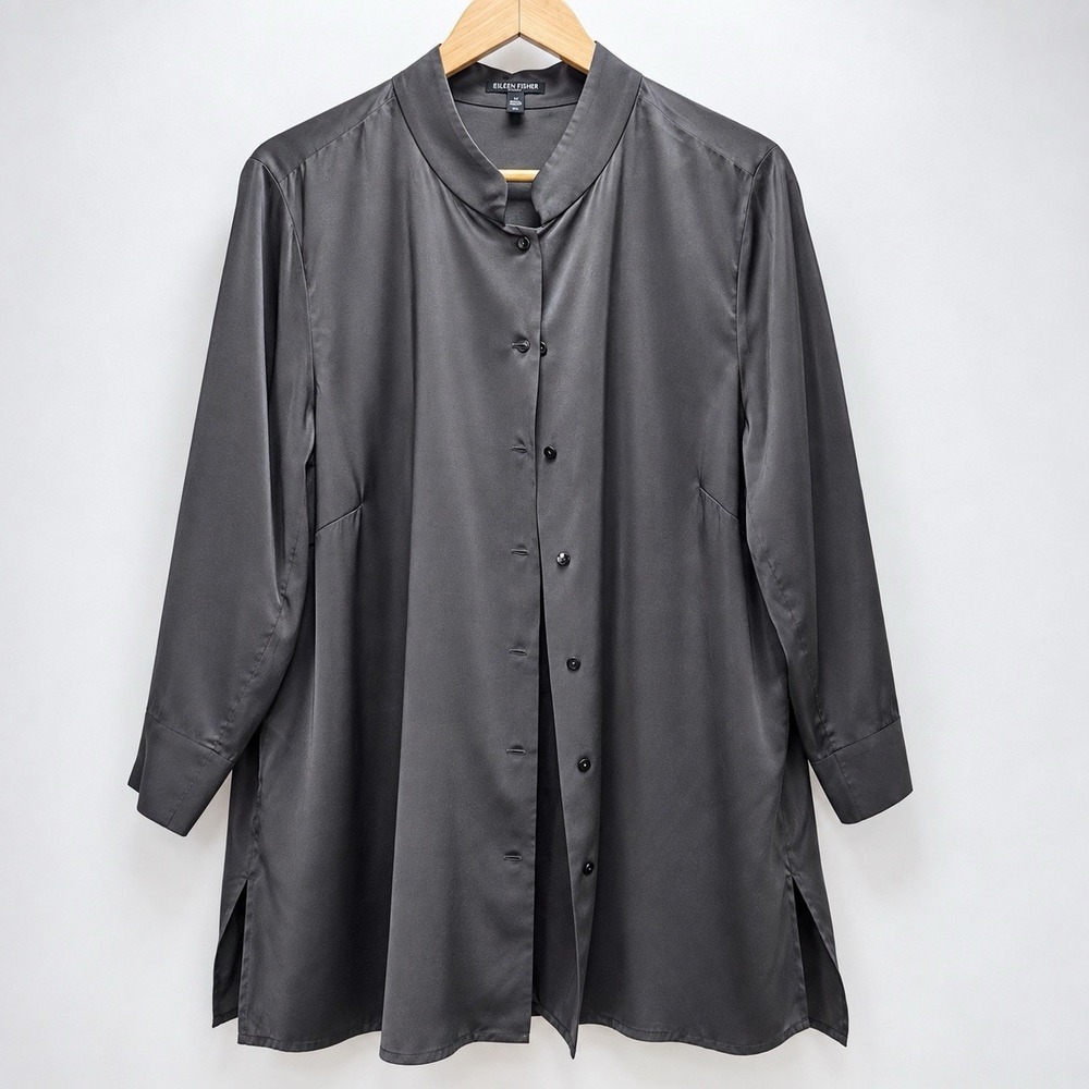 Eileen Fisher Woman 100% Silk Gray Long Button Front Tunic Blouse 1X Plus Size